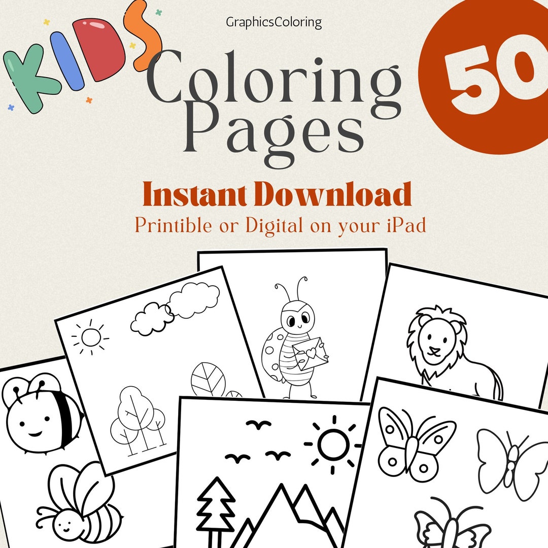 50 Kids Coloring Pages, Instant Download, Printable, Level Easy