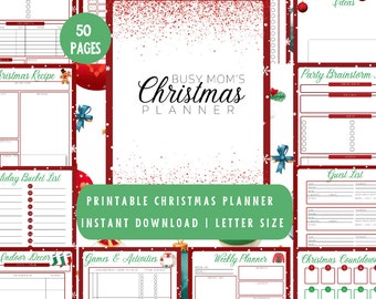 May include: A printable Christmas planner with a red and green color scheme. The planner includes pages for a holiday bucket list, Christmas cards, party brainstorming, a guest list, a Christmas countdown, a weekly planner, games and activities, indoor decor, and a Christmas recipe. The planner is 50 pages long and is available for instant download in letter size.