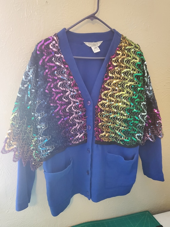 Upcycled vintage sweater with sequin overlay size… - image 1