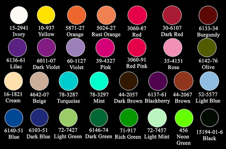 May include: A color chart with 36 different colors, each with a name and a corresponding color code. The colors are arranged in rows and columns, and the chart is set against a black background.