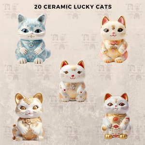 May include: Set of 20 ceramic lucky cat figurines. The cats are in various poses and colors, including white, blue, and pink. Each cat has a gold design and a raised paw.