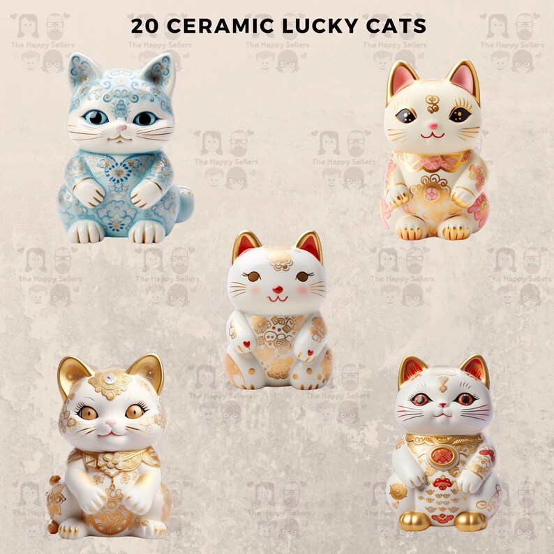 May include: Set of 20 ceramic lucky cat figurines. The cats are in various poses and colors, including white, blue, and pink. Each cat has a gold design and a raised paw.