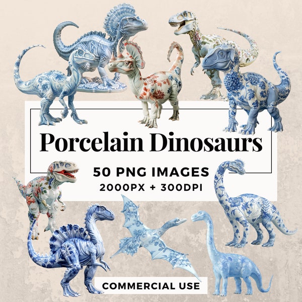 50 Porcelain Dinosaurs Clipart Pack INSTANT DOWNLOAD 50 Delightful Dino Figurines, PNG Transparent Background, Commercial Use. THS003