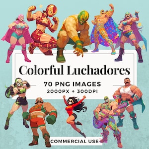 70 Colorful Luchadores Clipart Pack INSTANT DOWNLOAD 70 Vibrant Wrestler Illustrations, PNG Transparent Background, Commercial Use. THS004