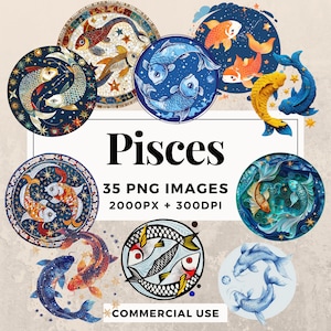 35 Pisces Clipart Pack INSTANT DOWNLOAD 35 Zodiac Illustrations, PNG Transparent Background, Commercial and Personal Use. THS003