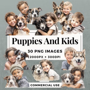 30 Puppies and Kids Clipart Pack INSTANT DOWNLOAD 30 Illustrations of Kids with Puppies, PNG Transparent Background, Commercial Use. THS001