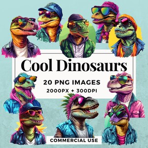 20 Cool Dinosaurs Clipart Pack INSTANT DOWNLOAD 20 Rad Dinosaur Illustrations, PNG Transparent Background, Personal & Commercial Use. THS004