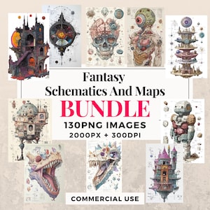 May include: A digital art bundle of 130 fantasy schematics and maps. The images are in PNG format, 2000 pixels wide and 300 DPI. The images feature intricate designs of castles, creatures, and other fantasy elements. The bundle is for commercial use.
