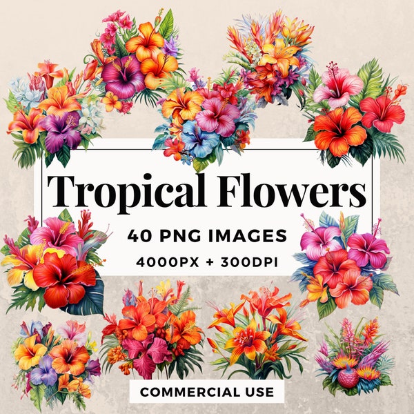 40 Tropical Flowers Clipart Pack INSTANT DOWNLOAD Exotic Tropical Flower Illustrations, PNG Transparent Background, Commercial Use. THS003