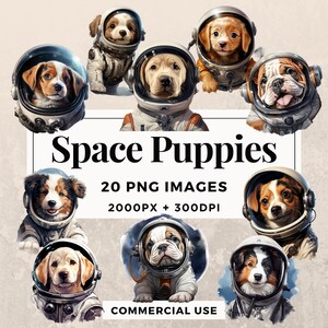 20 Space Puppies Clipart Pack DOWNLOAD IMMEDIATO 20 adorabili illustrazioni canine cosmiche, sfondo PNG trasparente, uso commerciale. THS003