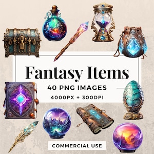 Pacote de clipart de 40 itens de fantasia DOWNLOAD INSTANTÂNEO 40 ilustrações mágicas, fundo transparente PNG, uso pessoal e comercial. THS003