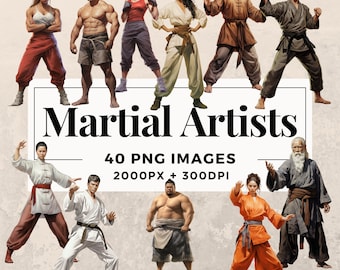 40 武道家のクリップアート パック 即時ダウンロード 40 のダイナミックな武道のイラスト、PNG 透明背景、商用利用可。THS003