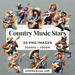 20 Country Music Stars Clipart Pack INSTANT DOWNLOAD 20 Country Music illustraties, PNG transparante achtergrond, commercieel gebruik. THS001