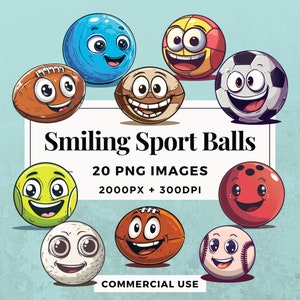 20 lächelnde Sportbälle Clipart Pack INSTANT DOWNLOAD 20 lustige Sportbälle Illustrationen, PNG transparenten Hintergrund, kommerzielle Nutzung. THS004
