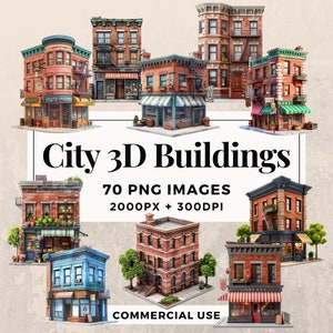 May include: A collection of 70 digital images of 3D city buildings. The buildings are rendered in a realistic style and feature brick facades, storefronts, and windows. The images are 2000 pixels wide and 300 DPI.  Commercial use is permitted.