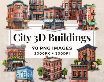 70 City 3D Buildings Clipart Pack - INSTANT DOWNLOAD , PNG Transparent Background, Personal & Commercial Use.