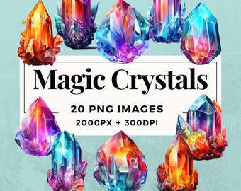May include: A collection of colorful, watercolor-style crystals in various shapes and sizes. The image includes text that reads "Magic Crystals," "20 PNG Images," "2000PX + 300DPI," and "Commercial Use."