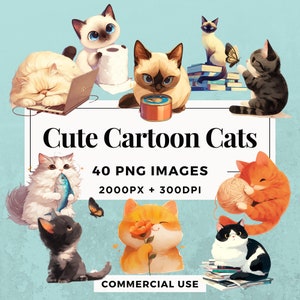 40 Cute Cartoon Cats Clipart Pack INSTANT DOWNLOAD 40 Adorable Cartoon Cat Illustrations, PNG Transparent Background, Commercial Use. THS004