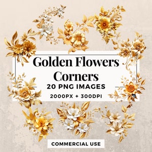 20 Golden Flowers Corners Clipart Pack INSTANT DOWNLOAD 20 Elegant Golden Floral Corners, PNG Transparent Background, Commercial Use. THS003