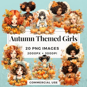 20 Paquete de imágenes prediseñadas para niñas con temática de otoño DESCARGA INSTANTE 20 acogedoras ilustraciones de chicas de otoño, fondo transparente PNG, uso comercial. THS004