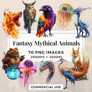 70 種類の神話上の動物のクリップアート パック 70 種類のファンタジーの生き物を即時ダウンロード、PNG 透明背景、商用および個人使用。THS003