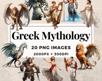 May include: A collection of 20 digital illustrations of Greek mythology creatures and gods. The images are in PNG format and are 2000 pixels wide and 300 DPI. The images are for commercial use.