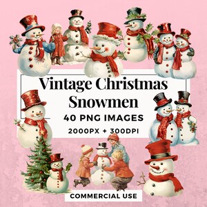40 Vintage Christmas Snowmen Clipart Pack INSTANT DOWNLOAD 40 Snowmen Illustrations, PNG Transparent Background, Commercial Use. THS006