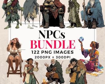 Op de afbeelding: Een bundel digitale illustraties van 122 fantasy-personages, waaronder een goblin, een tovenaar, een koning, een vrouw met een bloemenkrans en een vrouw met een kristallen bol. De personages zijn getekend in een cartoon-stijl en perfect voor gebruik in tabletop-rollenspellen of andere creatieve projecten. De tekst op de afbeelding luidt "NPCs Bundle 122 PNG Images 2000px + 300dpi Commercial Use".