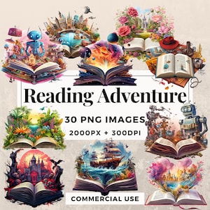 30 Reading Adventure Clipart Pack DOWNLOAD IMMEDIATO 30 illustrazioni di lettura e avventura, sfondo PNG trasparente, uso commerciale. THS003