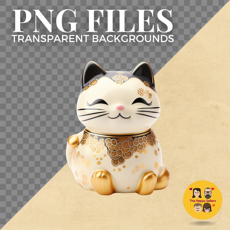 May include: A white ceramic cat figurine with black ears and a black and gold patterned design. The cat is smiling and has its right paw raised. The cat is sitting on a brown surface.