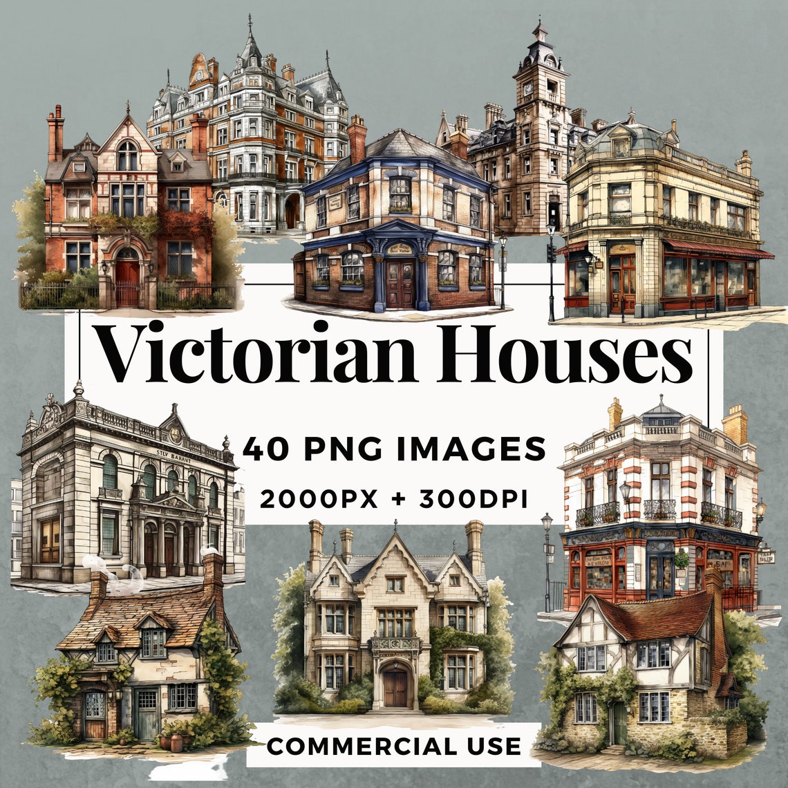 40 Victorian Houses Clipart Pack INSTANT DOWNLOAD, PNG Images