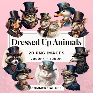 Puede incluir: Una colección de 20 ilustraciones digitales de animales con sombreros de copa y pajaritas. Los animales incluyen un mapache, un gato, un pato, un búho, un cuervo y una rata. Las ilustraciones son de estilo de dibujos animados y son perfectas para usar en scrapbooking digital, creación de tarjetas y otros proyectos creativos.  Dressed Up Animals 20 PNG IMAGES 2000PX + 300DPI COMMERCIAL USE