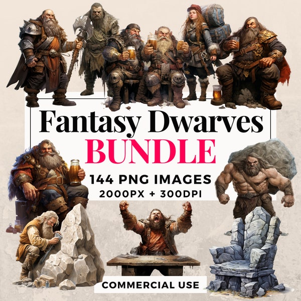 144 Fantasy Dwarves Clipart Bundle - Instant Download, Dwarf Illustrations, PNG Images, Transparent Background, Commercial Use. THS003