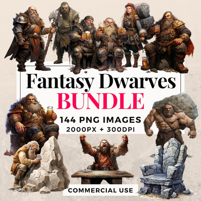 144 Fantasy Dwarves Clipart Bundle Instant Download, Dwarf Illustrations, PNG Images, Transparent Background, Commercial Use. THS003 image 1