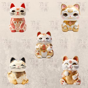 May include: Five ceramic Maneki-Neko, or Japanese lucky cat figurines. The cats are in various poses, with raised paws and different colored and patterned robes. The cats are all white with black eyes and whiskers.