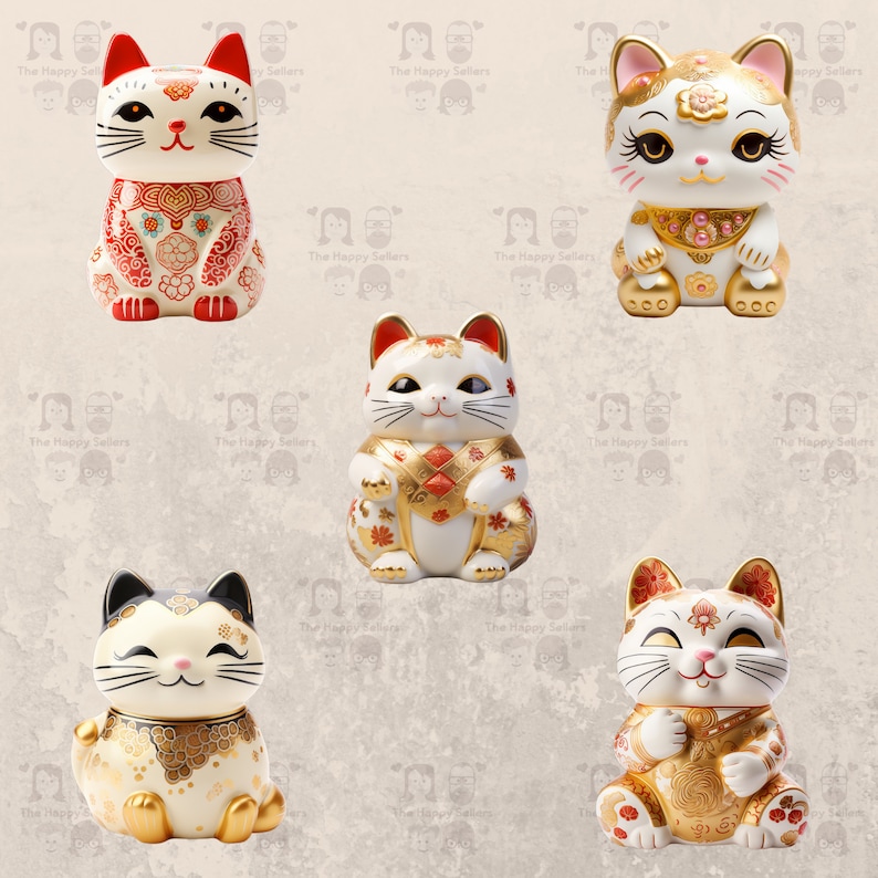 May include: Five ceramic Maneki-Neko, or Japanese lucky cat figurines. The cats are in various poses, with raised paws and different colored and patterned robes. The cats are all white with black eyes and whiskers.
