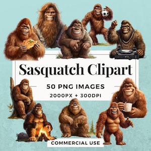 Pacote de clipart de 50 Sasquatch DOWNLOAD INSTANTÂNEO 50 ilustrações misteriosas de Sasquatch, fundo transparente PNG, uso comercial. THS004