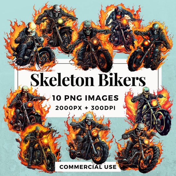 10 Skeleton Bikers Clipart Pack TÉLÉCHARGEMENT INSTANTANÉ 10 Illustrations de motards squelettes, fond transparent PNG, utilisation commerciale. THS004