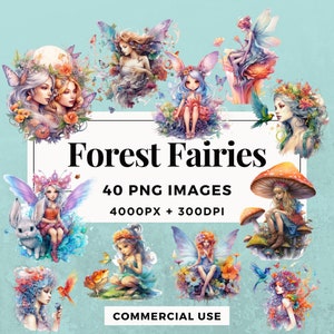 40 Forest Fairies Clipart Pack TÉLÉCHARGEMENT INSTANTANÉ 40 Illustrations de fées de la forêt enchanteresse, fond Transparent PNG, utilisation commerciale. THS004