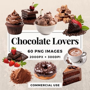 60 Chocolate Lovers Clipart Pack TÉLÉCHARGEMENT INSTANTANÉ 60 Illustrations de chocolat sucré, fond transparent PNG, utilisation commerciale. THS003