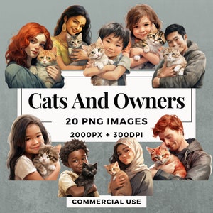20 Cats and Owners Clipart Pack INSTANT DOWNLOAD 20 Cat and Owner Illustrations, PNG Transparent Background, Commercial Use. THS001
