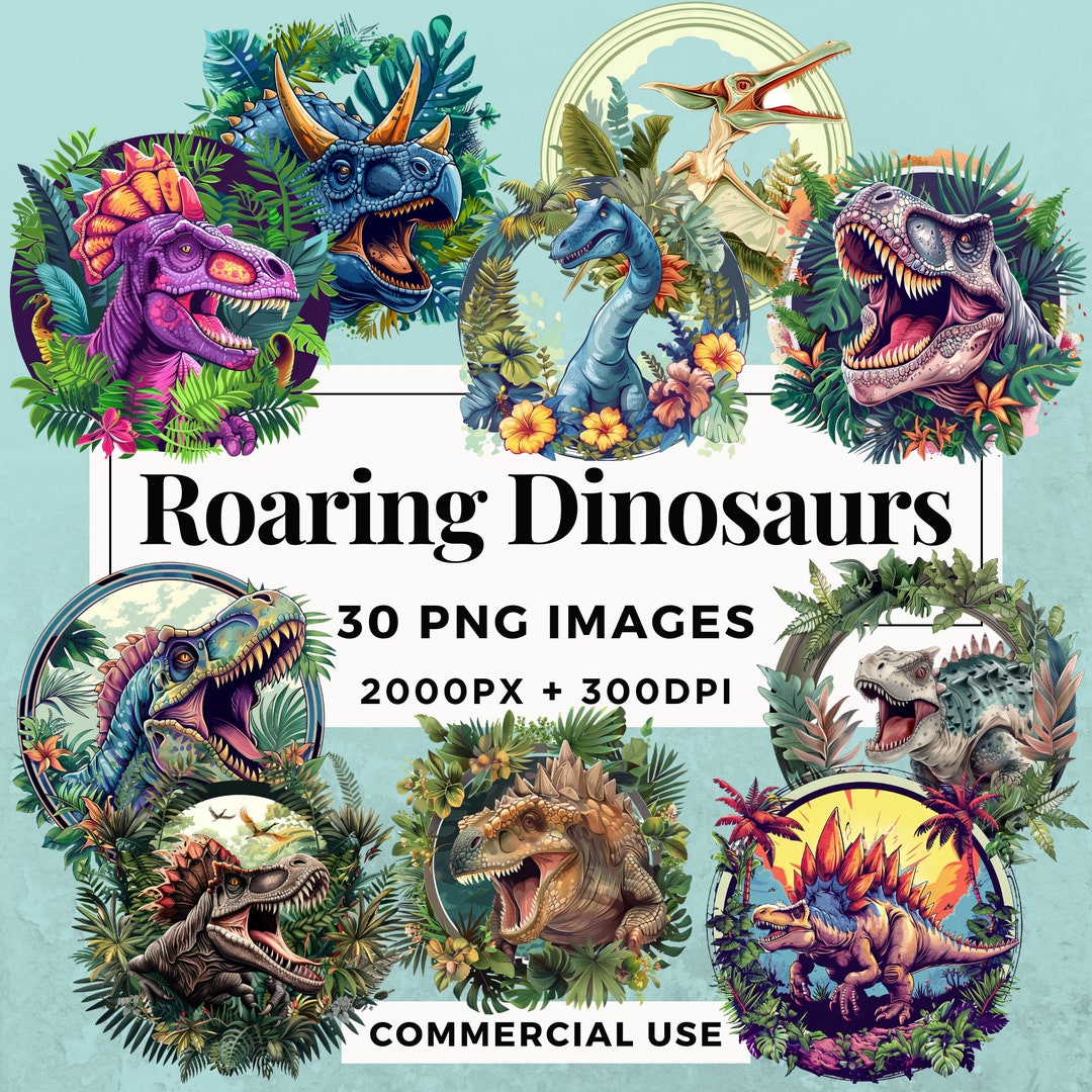 30 Roaring Dinosaurs Clipart Pack INSTANT DOWNLOAD 30 Dynamic Dinosaur ...