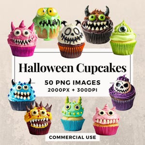 50 Halloween Cupcakes Clipart Pack, SOFORTIGER DOWNLOAD 50 gruselige Cupcake Illustrationen, PNG Hintergrund, transparenten PNG Hintergrund, persönlichen Gebrauch. THS003