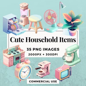 35 Cute Household Items Clipart Pack INSTANT DOWNLOAD 35 Adorable Home Illustrations, PNG Transparent Background, Commercial Use. THS004