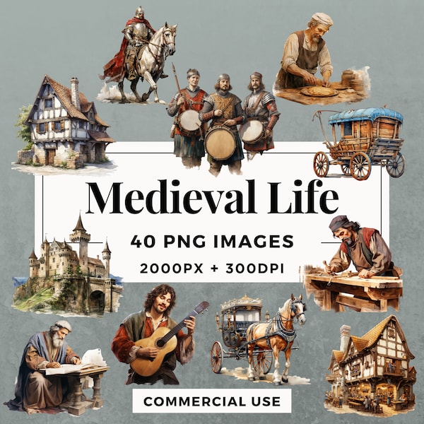 40 Medieval Life Clipart Pack INSTANT DOWNLOAD 40 Medieval Life Illustrations, PNG Transparent Background, Personal & Commercial Use. THS001