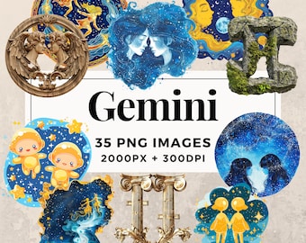 35 Paquete de imágenes prediseñadas de Géminis DESCARGA INSTANTE 35 Ilustraciones del Zodíaco, fondo transparente PNG, uso comercial y personal. THS003