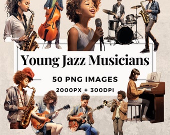 50 Young Jazz Musicians Clipart Pack INSTANT DOWNLOAD 50 Jazz Musician Illustrations, PNG Transparent Background, Commercial Use. THS003