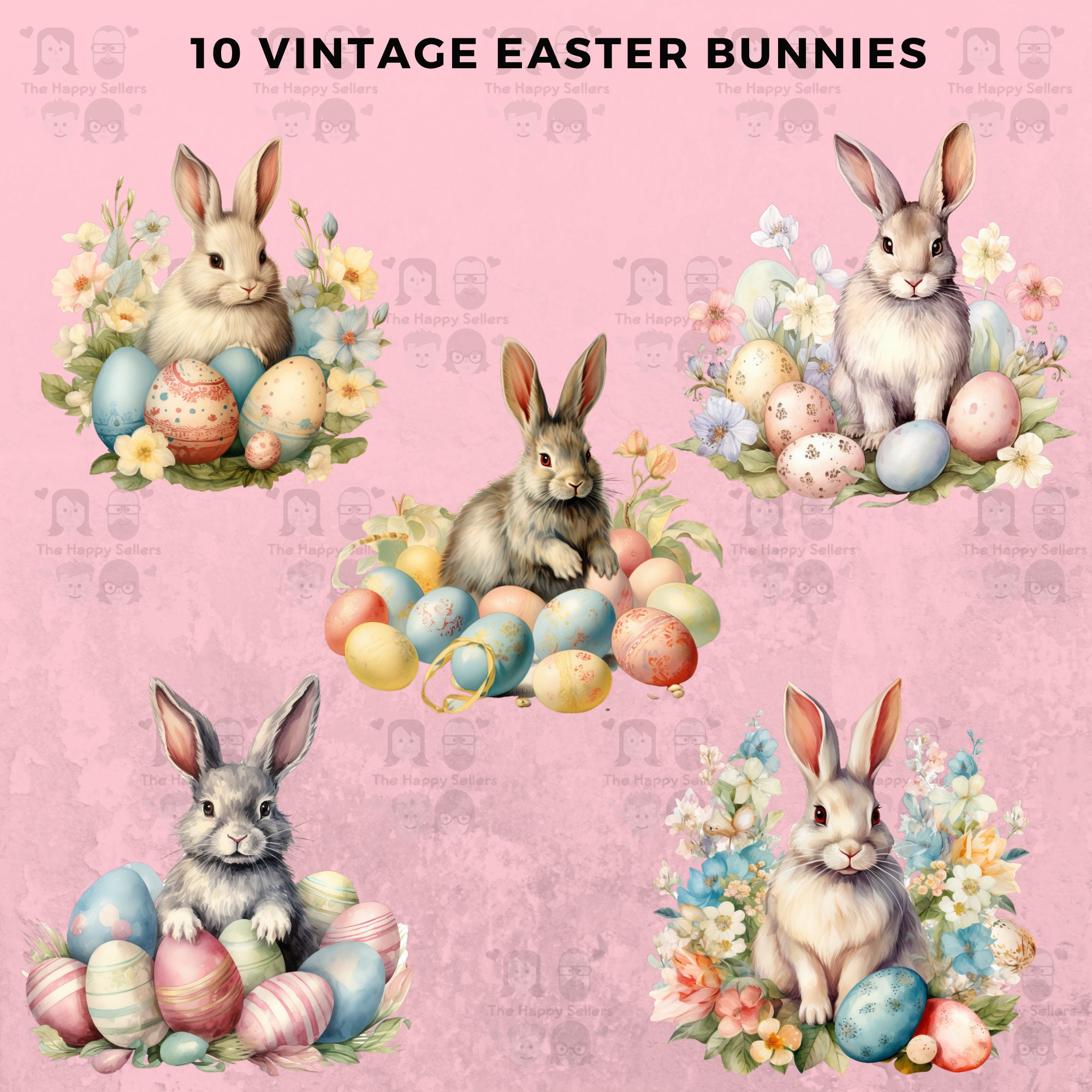 10 Vintage Easter Bunnies Clipart Pack INSTANT DOWNLOAD, PNG