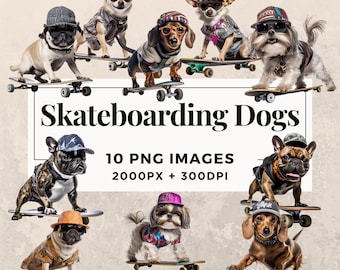 10 Skateboarding Dogs Clipart Pack INSTANT DOWNLOAD 10 Skateboarding Dog Illustrations, PNG Transparent Background, Commercial Use. THS003