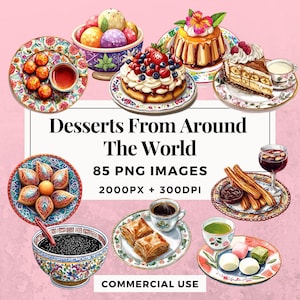 Pack de 85 desserts du monde entier TÉLÉCHARGEMENT IMMÉDIAT 85 illustrations de desserts, arrière-plan PNG transparent, usage personnel THS006